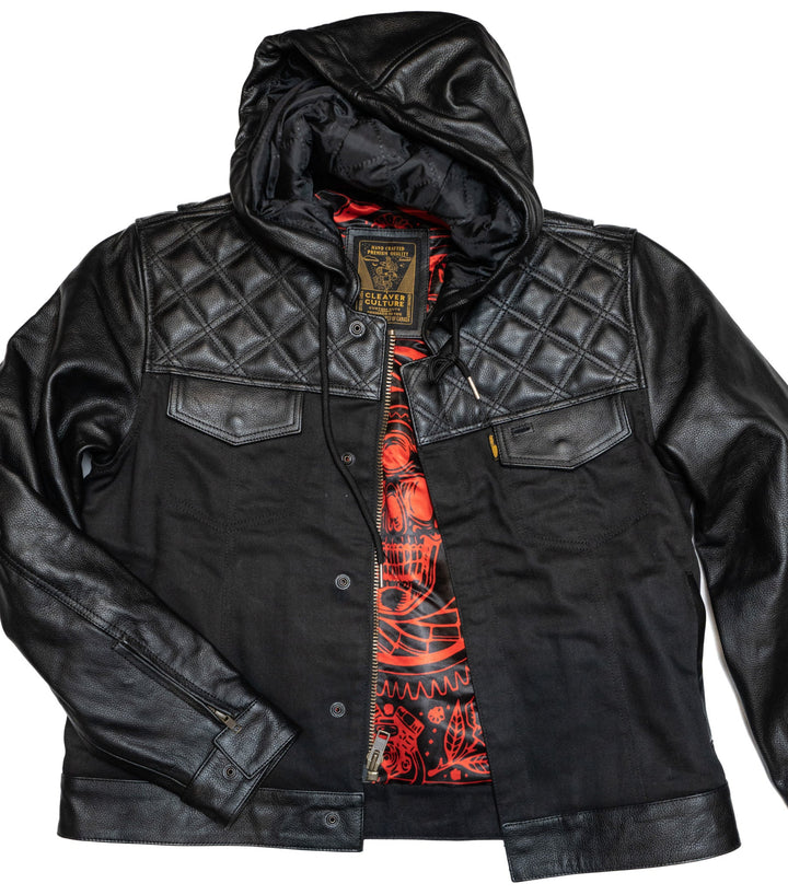 Cleaver Culture Hooded Moto Jacket - Black Canvas/Leather
