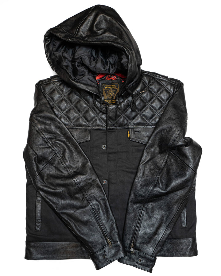Cleaver Culture Hooded Moto Jacket - Black Canvas/Leather