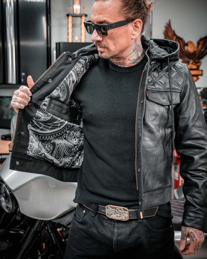 Cleaver Culture Hooded Moto Jacket - Black Leather