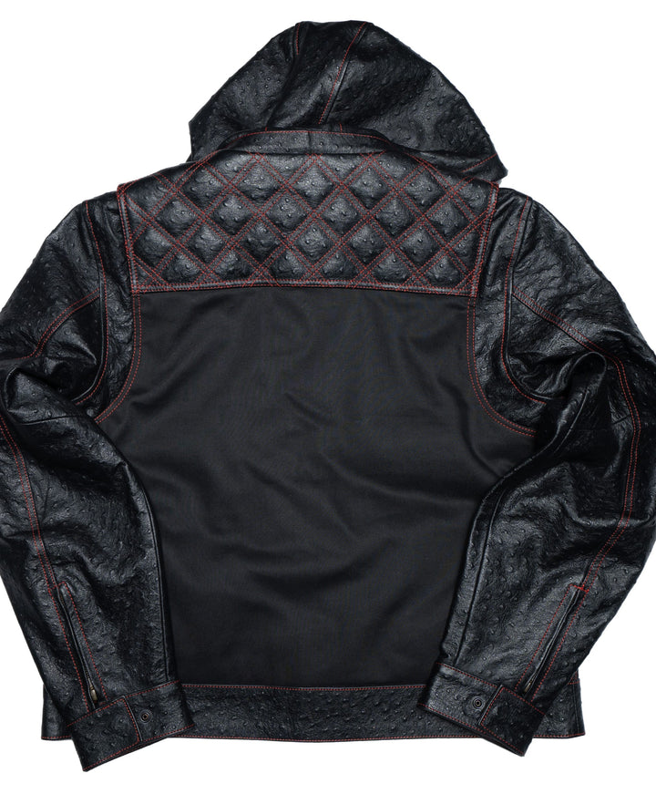 Cleaver Culture Hooded Moto Jacket - Black Ostrich Leather/Canvas