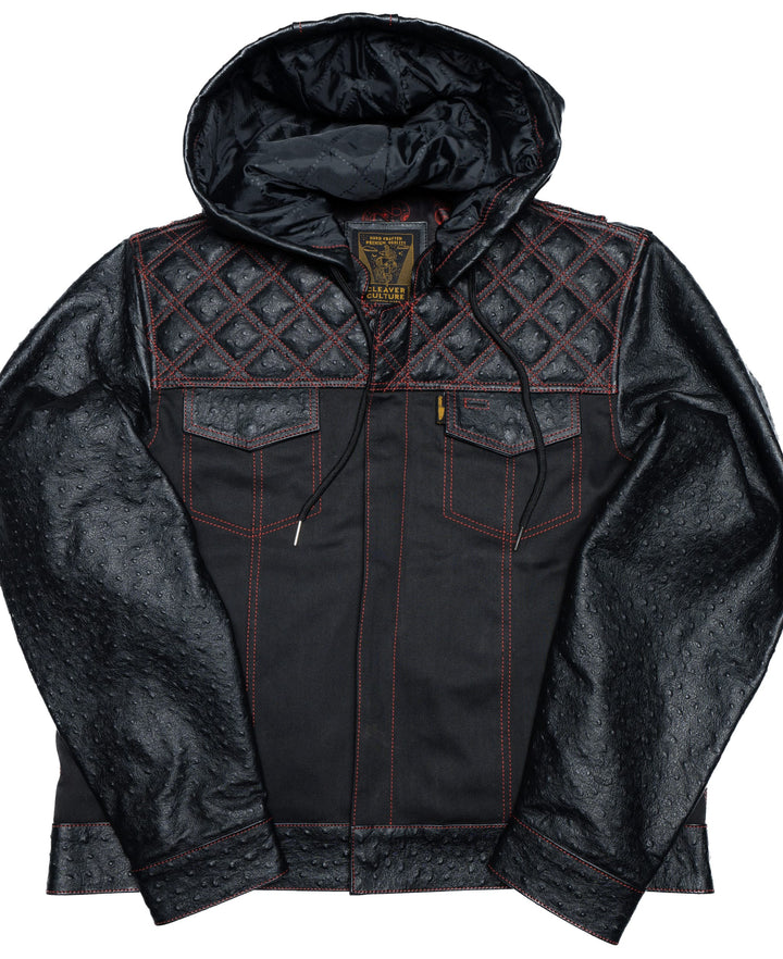 Cleaver Culture Hooded Moto Jacket - Black Ostrich Leather/Canvas