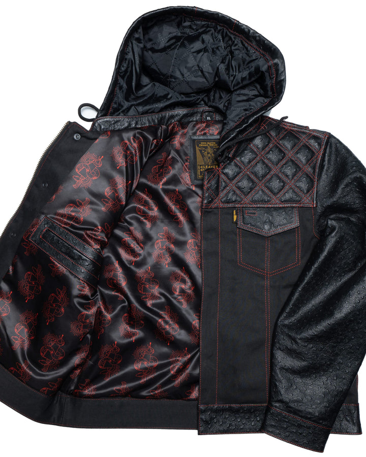 Cleaver Culture Hooded Moto Jacket - Black Ostrich Leather/Canvas