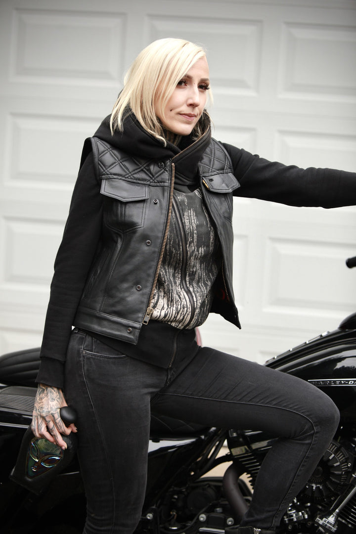 Cleaver Culture Women's Moto Vest - Black Leather/Black Stitch
