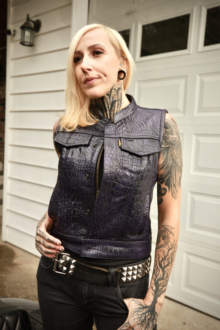 Cleaver Culture Women's Moto Vest - Purple Gator Leather