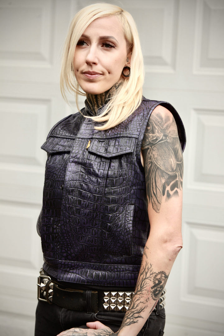 Cleaver Culture Women's Moto Vest - Purple Gator Leather