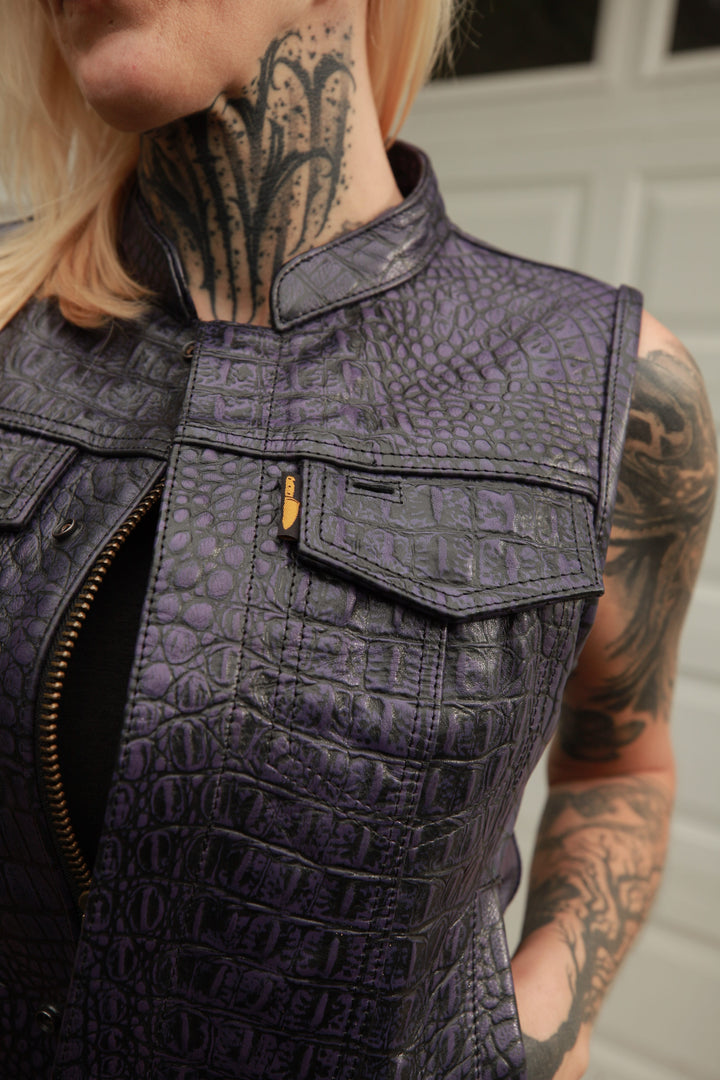 Cleaver Culture Women's Moto Vest - Purple Gator Leather