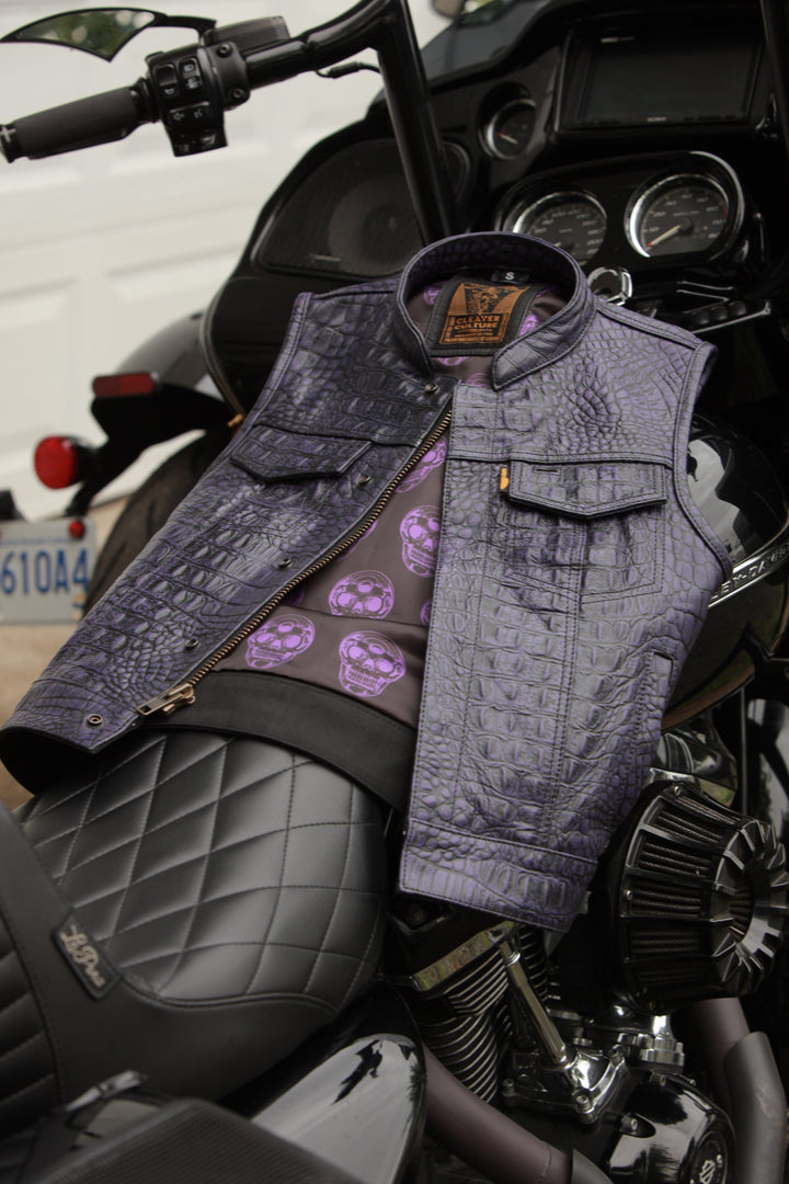 Cleaver Culture Women's Moto Vest - Purple Gator Leather