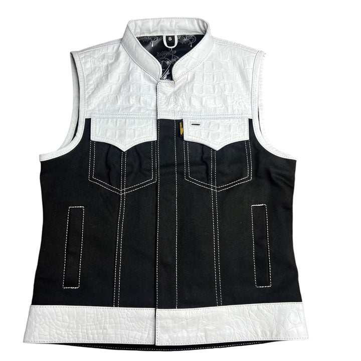 Cleaver Culture Women's Moto Vest - White Gator Leather/Black Denim