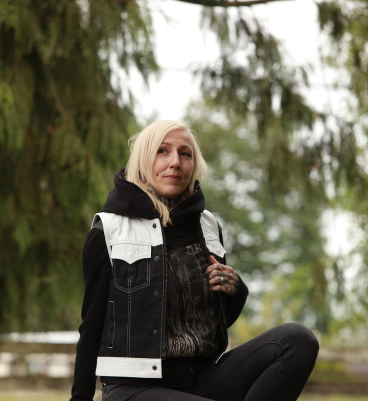 Cleaver Culture Women's Moto Vest - White Gator Leather/Black Denim