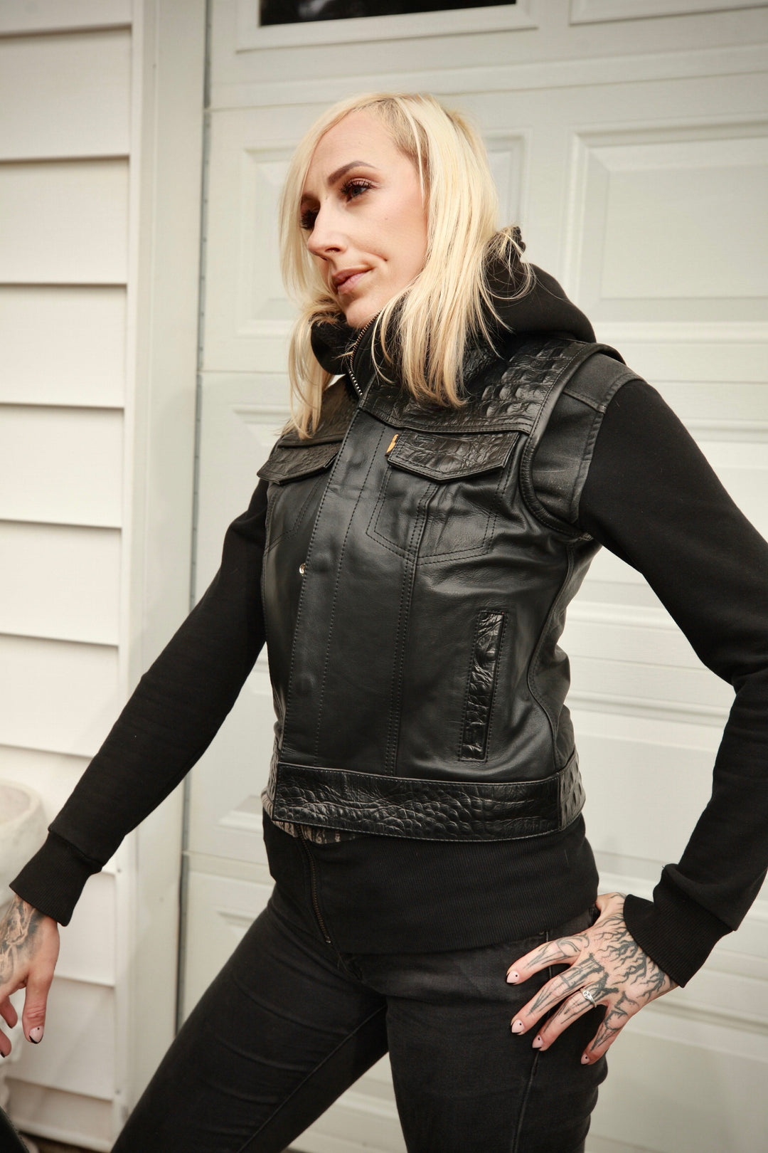 Cleaver Culture Women's Moto Vest - Black Gator Leather
