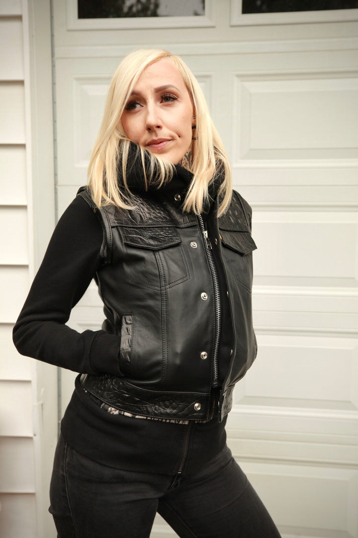 Cleaver Culture Women's Moto Vest - Black Gator Leather
