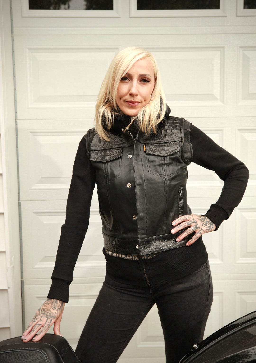 Cleaver Culture Women's Moto Vest - Black Gator Leather