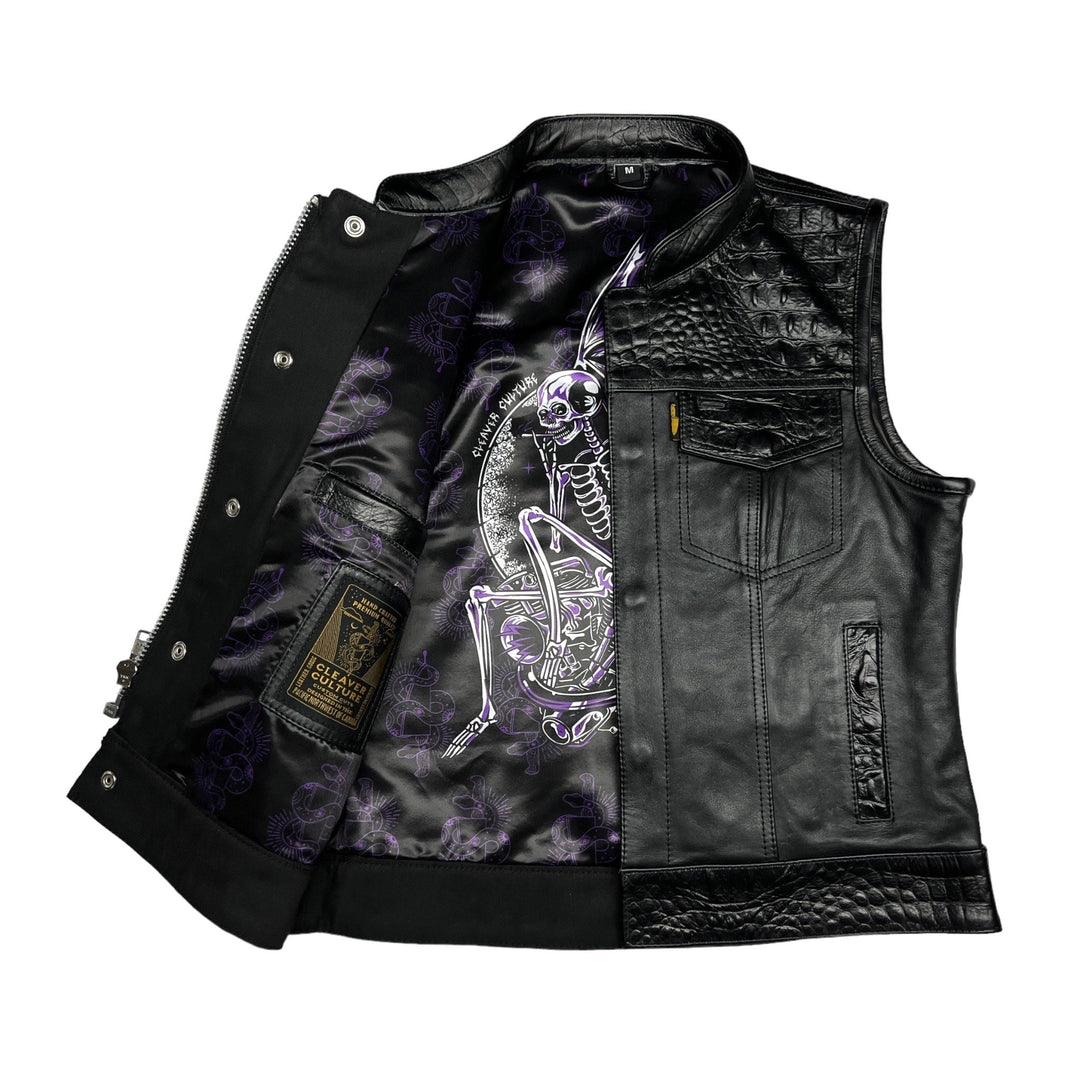 Cleaver Culture Women's Moto Vest - Black Gator Leather